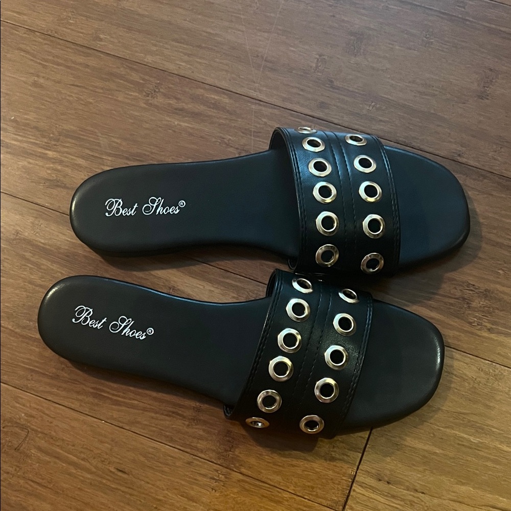 Black Slide Sandals with Metallic Eyelets